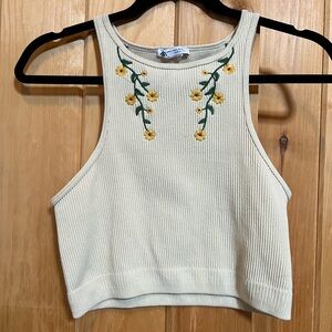 Floral Embroidered Cream Tank Top